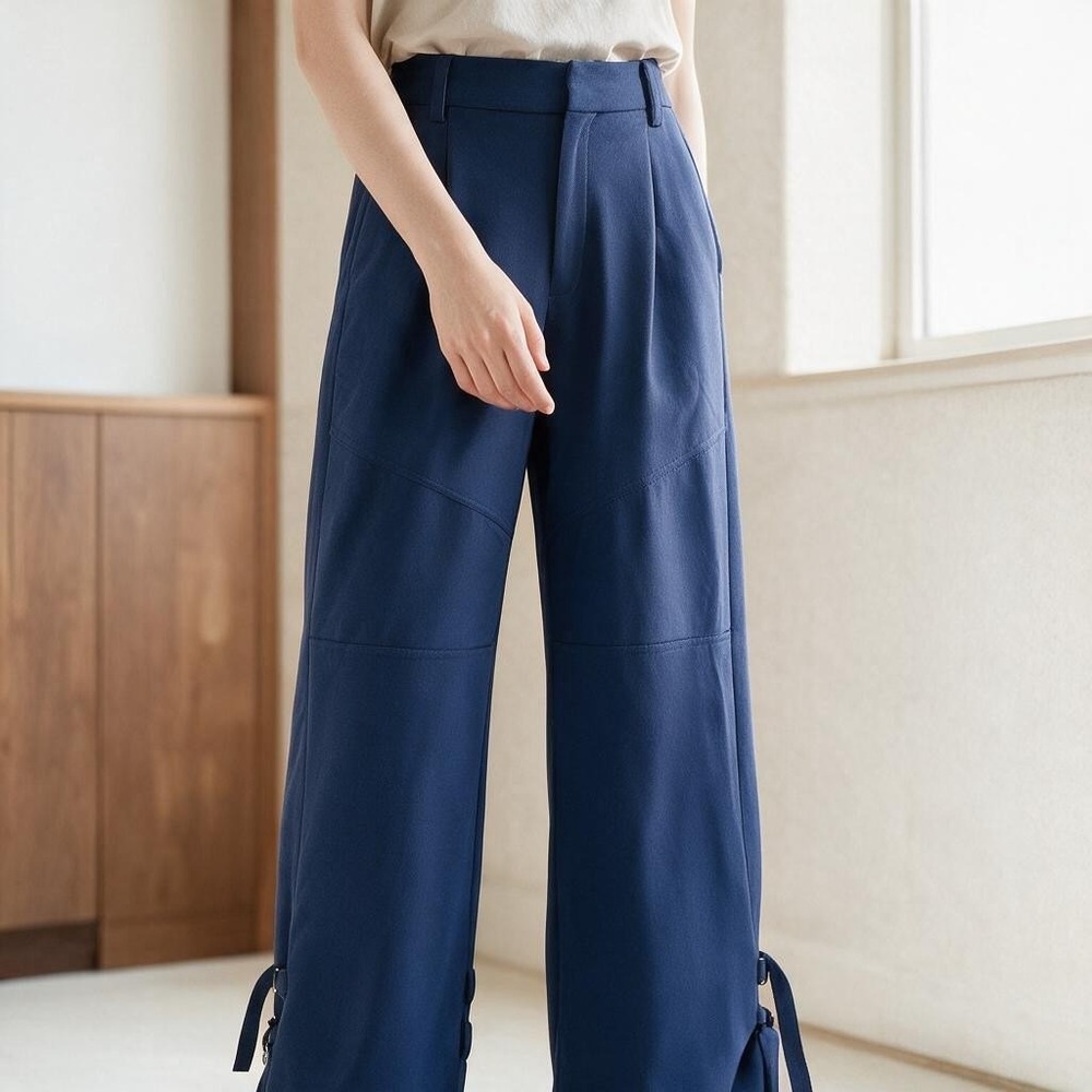 MAISON SPECIAL Blue Wool Wide Leg Pants Buckle Cuff Trousers Fits US Small S